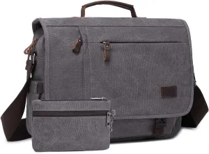 Computer Messenger Bag for Man, Vintage Leather Canvas Briefcase Large Satchel Shoulder Bag Rugged Computer 15.6" Laptop Bag(Grey)
