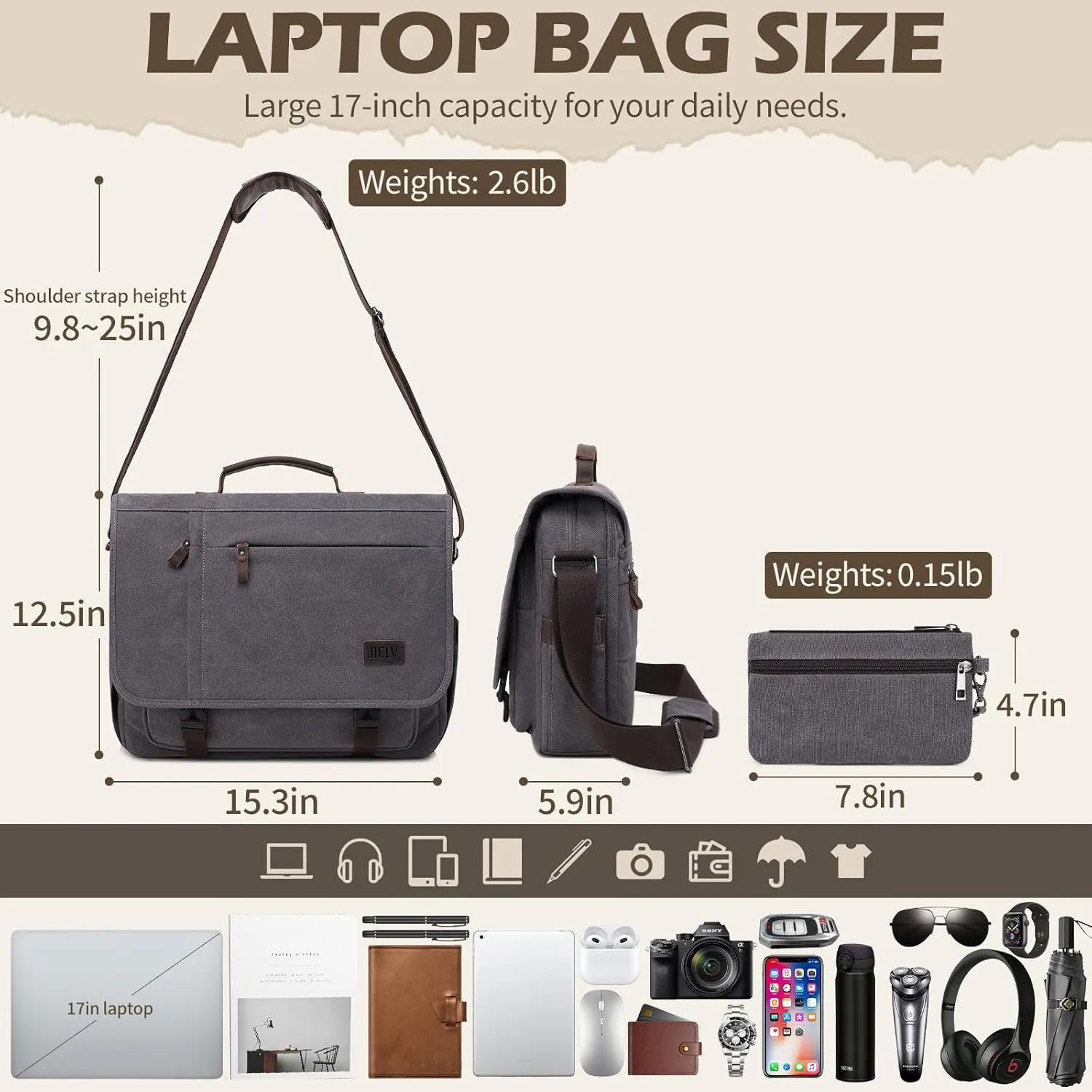 Computer Messenger Bag for Man, Vintage Leather Canvas Briefcase Large Satchel Shoulder Bag Rugged Computer 15.6" Laptop Bag(Grey)