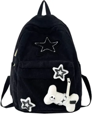 Corduroy Y2K Grunge Backpack, Cute Vintage Fashion Star Preppy Bookbag, Aesthetic Emo 2000s Laptop Daypack for Men Women Casual Bag (Black)