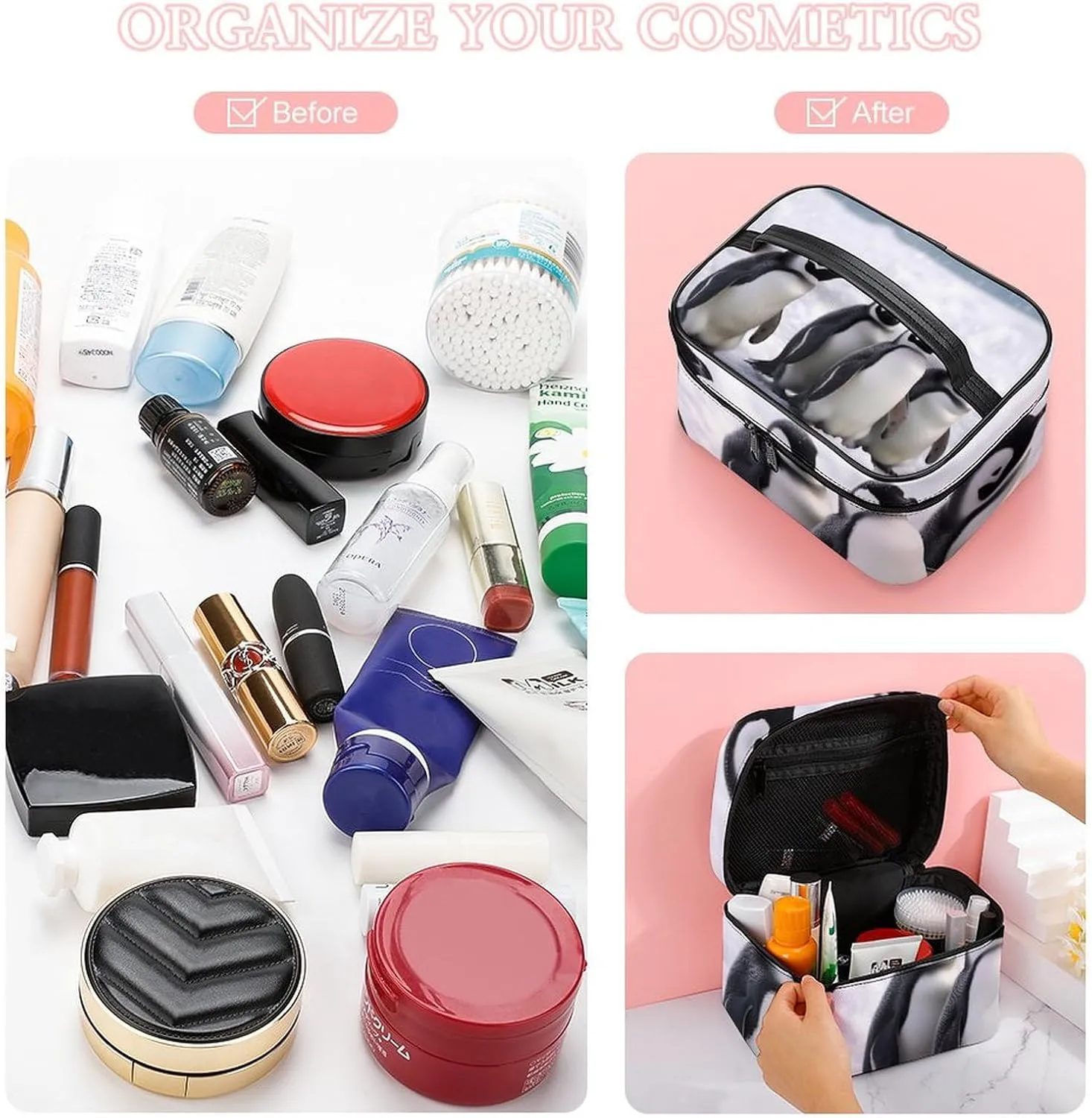 Cosmetic Bag Portable Animals And Snowfield Toiletry Bag Large Capacity Travel Makeup Bag Beauty Makeup Organizer for Full-Sized Shampoo Conditioner Brushes Set Makeup Accessories