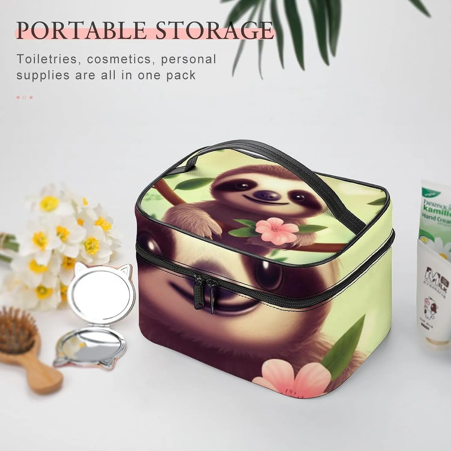 Cosmetic Bag Portable Cute Sloth Toiletry Bag Large Capacity Travel Makeup Bag Beauty Makeup Organizer for Full-Sized Shampoo Conditioner Brushes Set Makeup Accessories