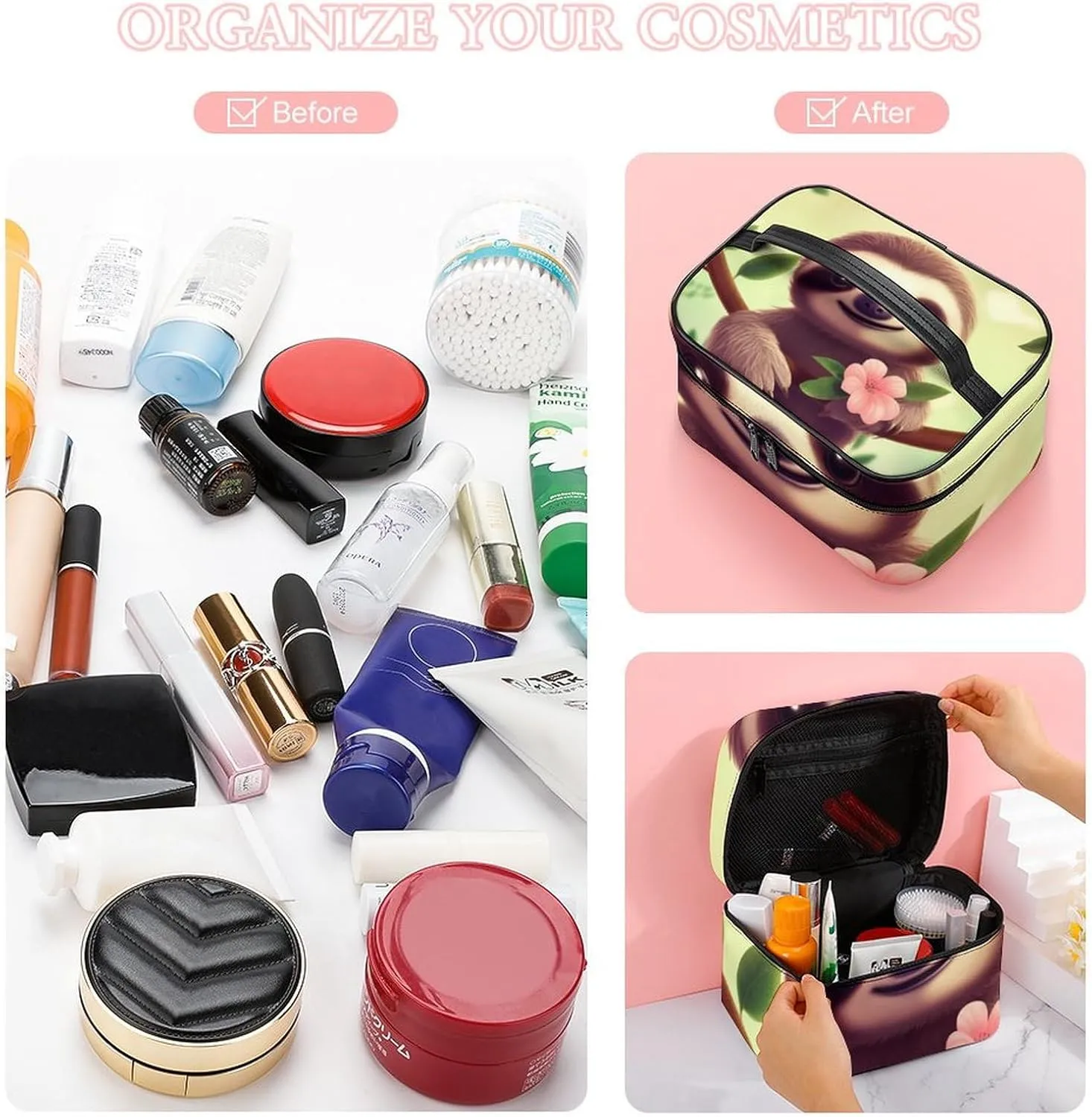Cosmetic Bag Portable Cute Sloth Toiletry Bag Large Capacity Travel Makeup Bag Beauty Makeup Organizer for Full-Sized Shampoo Conditioner Brushes Set Makeup Accessories