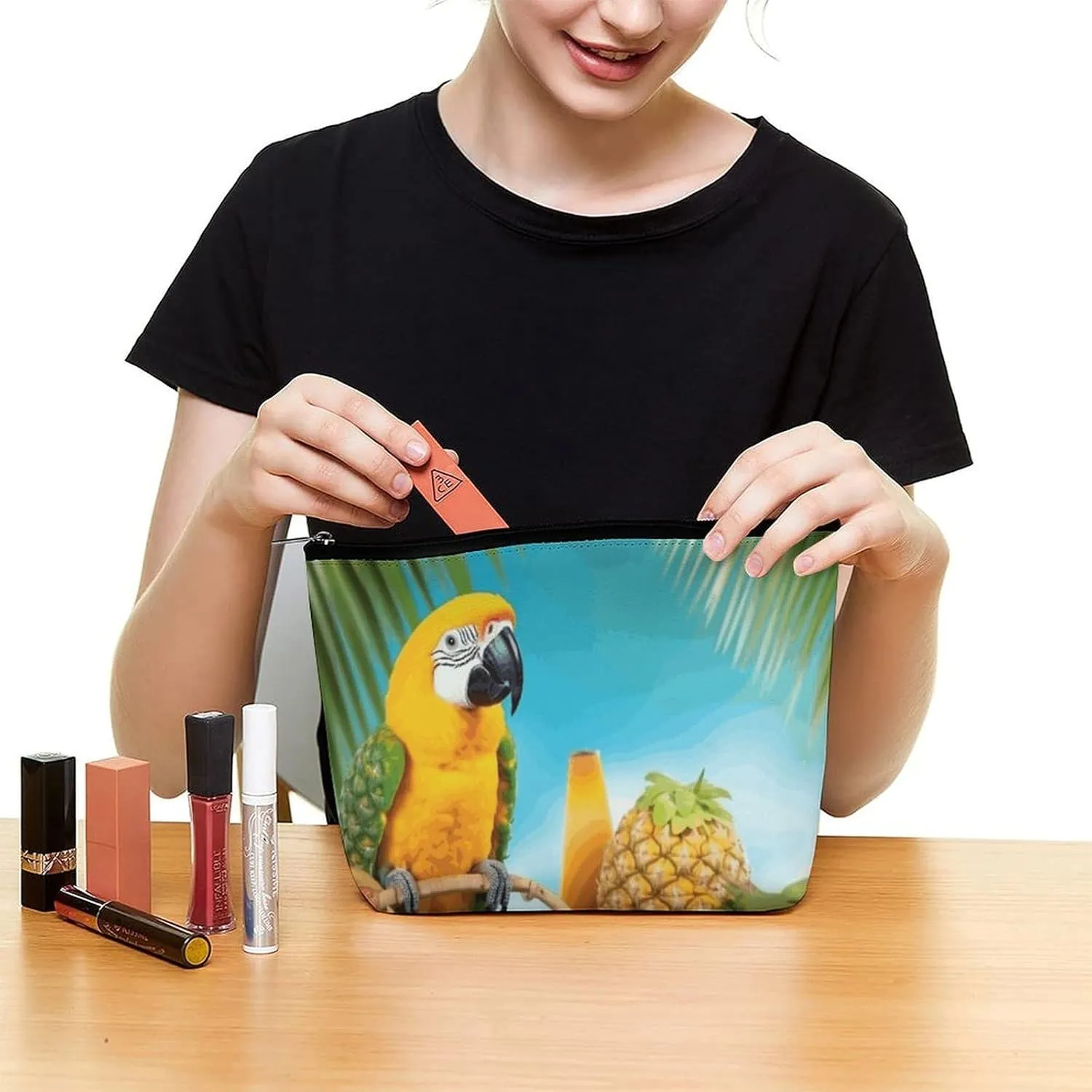 Cosmetic Bag Portable Toiletry Bag Summer Parrot Pineapple Birds Travel Makeup Bag Beauty Makeup Organizer Lipstick Bag for Women