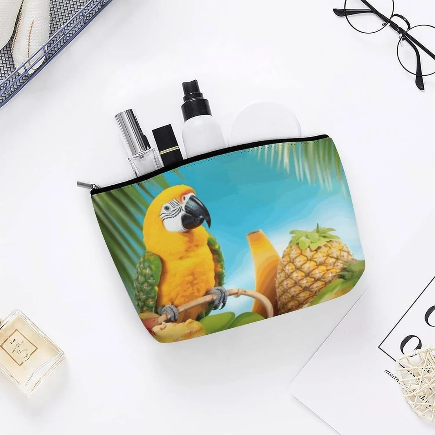 Cosmetic Bag Portable Toiletry Bag Summer Parrot Pineapple Birds Travel Makeup Bag Beauty Makeup Organizer Lipstick Bag for Women