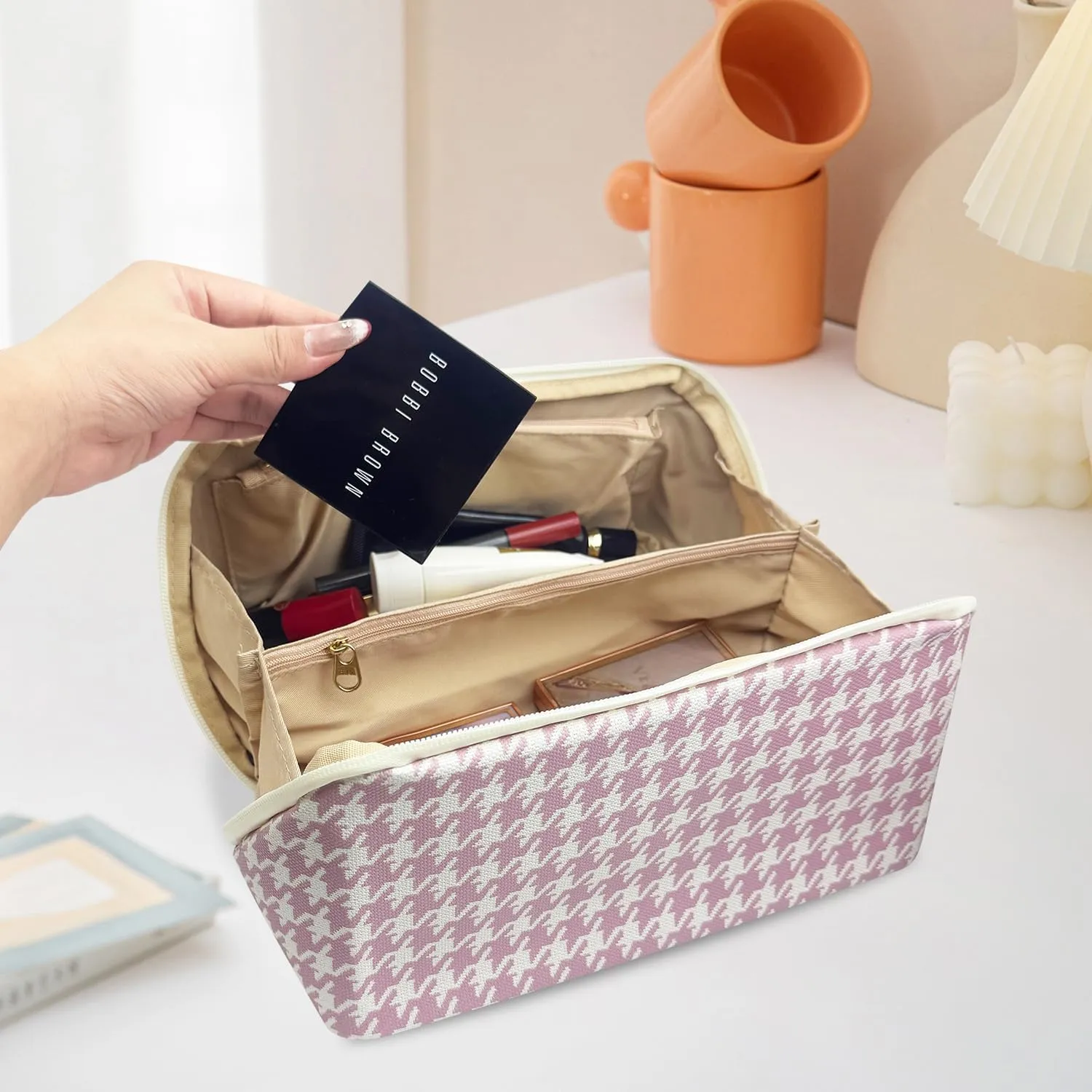 Cosmetic Bags Travel Makeup Bag for Women, Large Wide-open Waterproof Portable PU Leather Makeup Organizer Storage Toiletry Bag