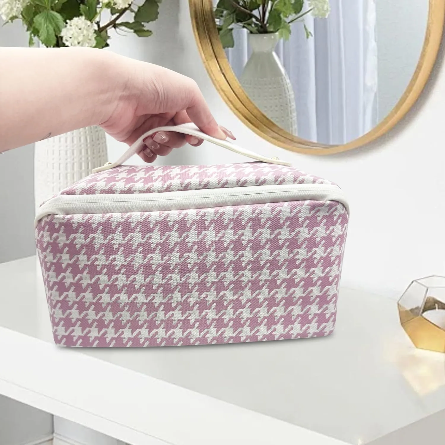 Cosmetic Bags Travel Makeup Bag for Women, Large Wide-open Waterproof Portable PU Leather Makeup Organizer Storage Toiletry Bag