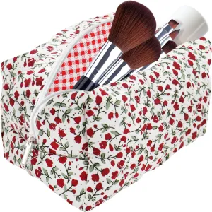 Cotton Quilted Makeup Bag, Cute Pouch Toiletry Bag Cosmetic Bag Quilted Floral Organizer Bag Travel Coquette Aesthetic Portable Storage Zipper Purse for Women (Red flower)