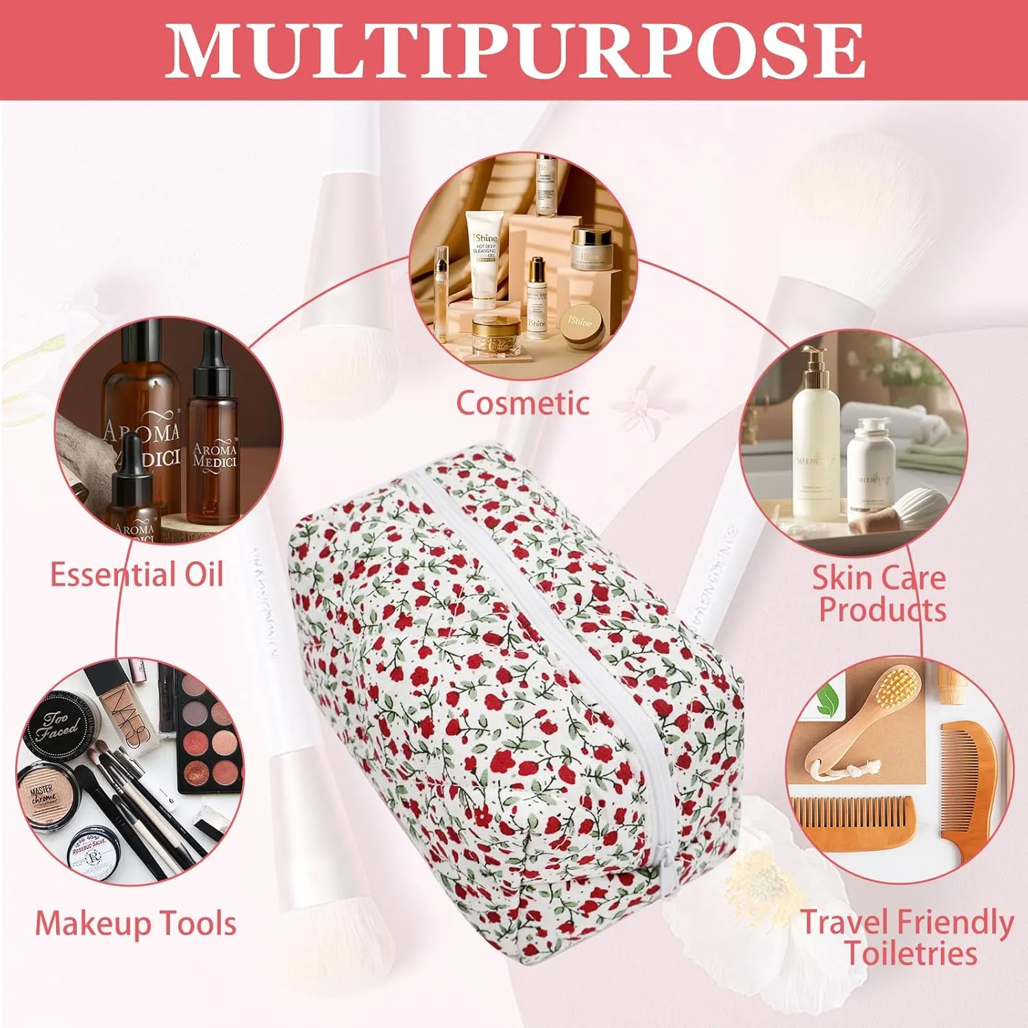 Cotton Quilted Makeup Bag, Cute Pouch Toiletry Bag Cosmetic Bag Quilted Floral Organizer Bag Travel Coquette Aesthetic Portable Storage Zipper Purse for Women (Red flower)