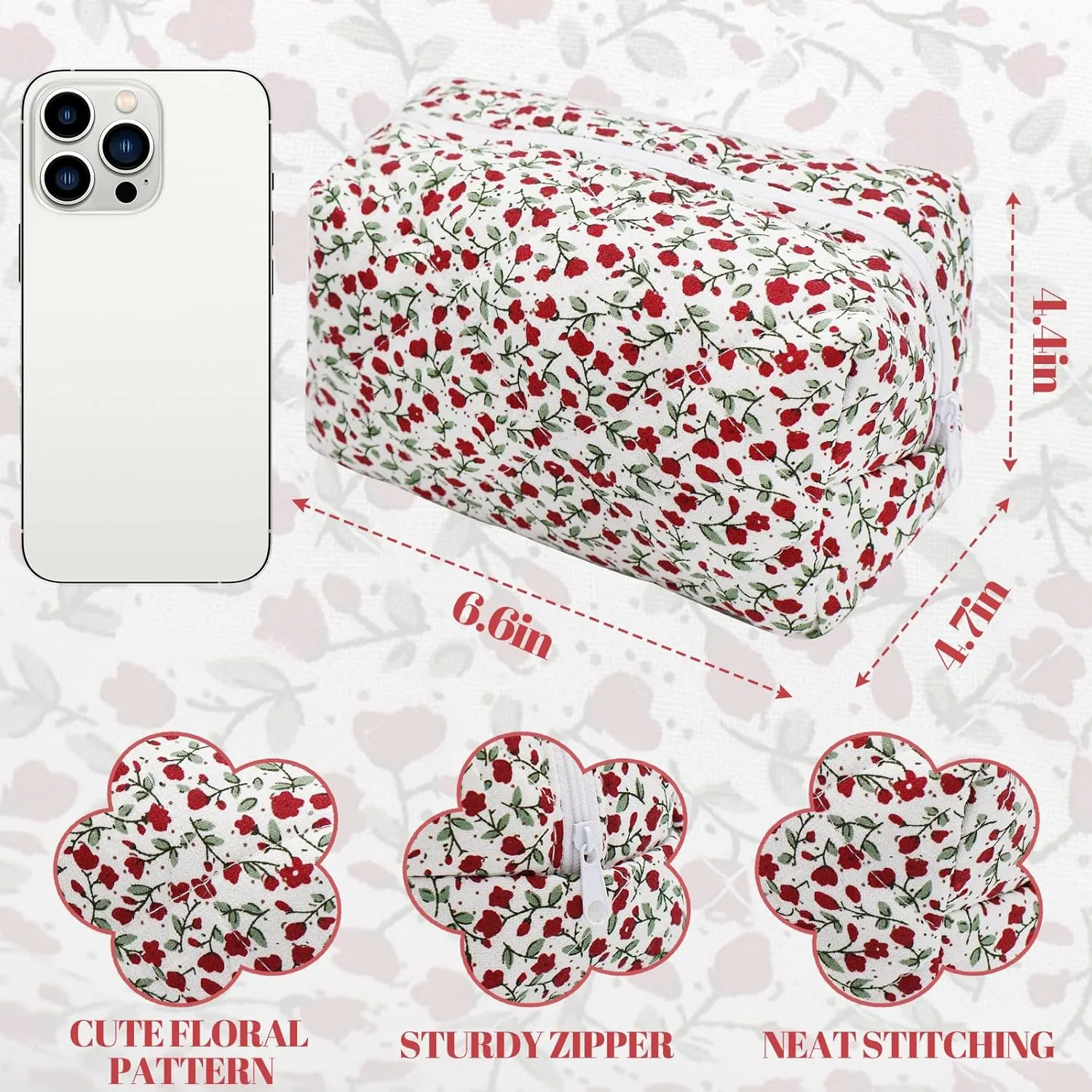 Cotton Quilted Makeup Bag, Cute Pouch Toiletry Bag Cosmetic Bag Quilted Floral Organizer Bag Travel Coquette Aesthetic Portable Storage Zipper Purse for Women (Red flower)