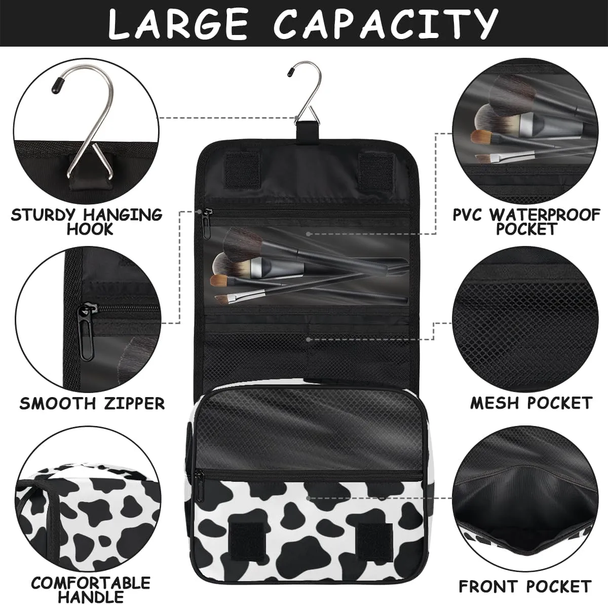 Cow Hanging Toiletry Bag Animal Cow Printed Travel Makeup Bag Portable Large Waterproof Cosmetic Bag Organizer for Make up Accessories Shampoo Body Cream Brushes Set