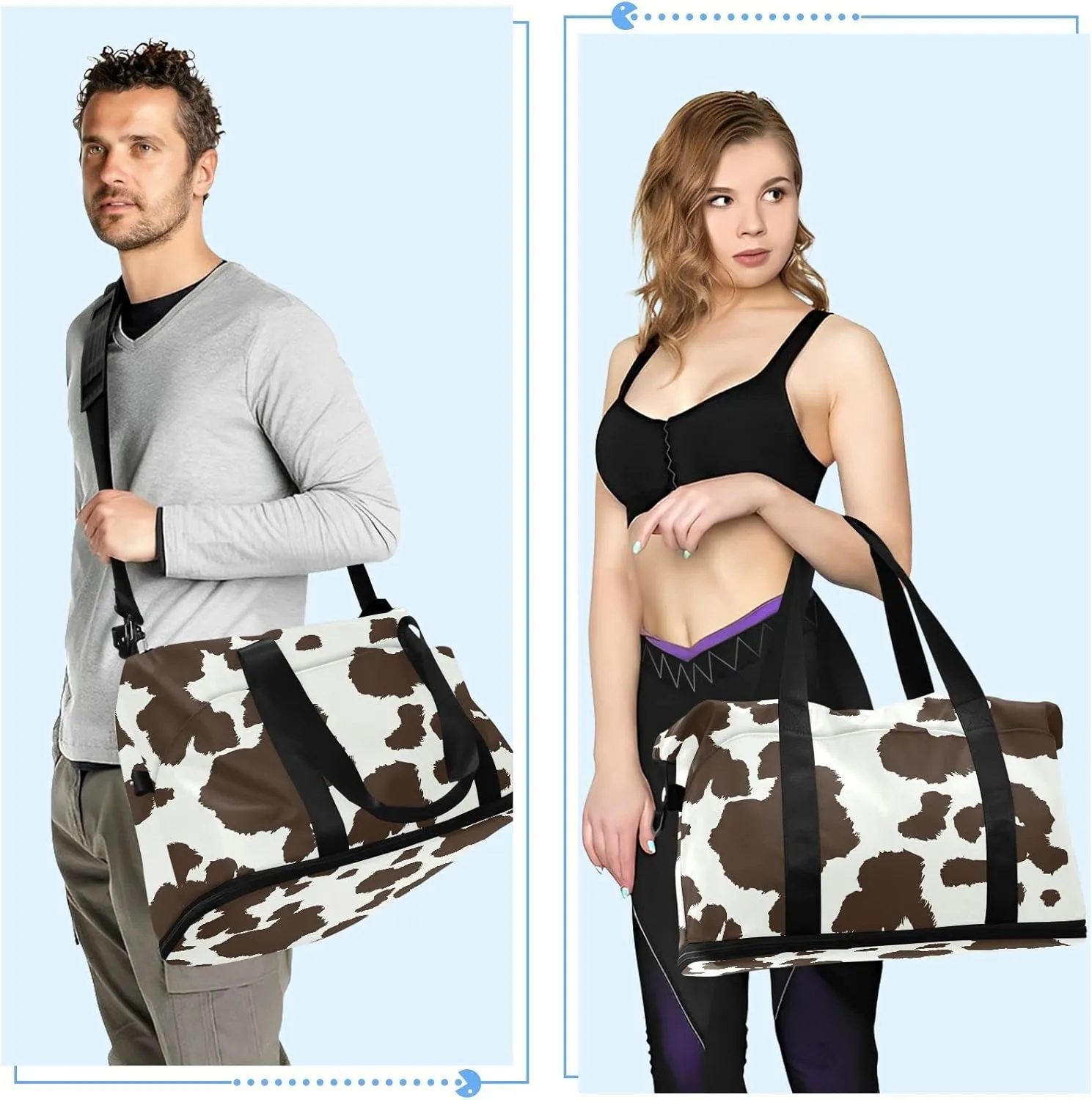 Cow Print Coffee White Color Dots Seamless Pattern Gym Duffel Bag, Polyester Travel Weekender Luggage Handbag with Waterproof Pocket for Wet Items, Unisex Foldable Tote for Sports