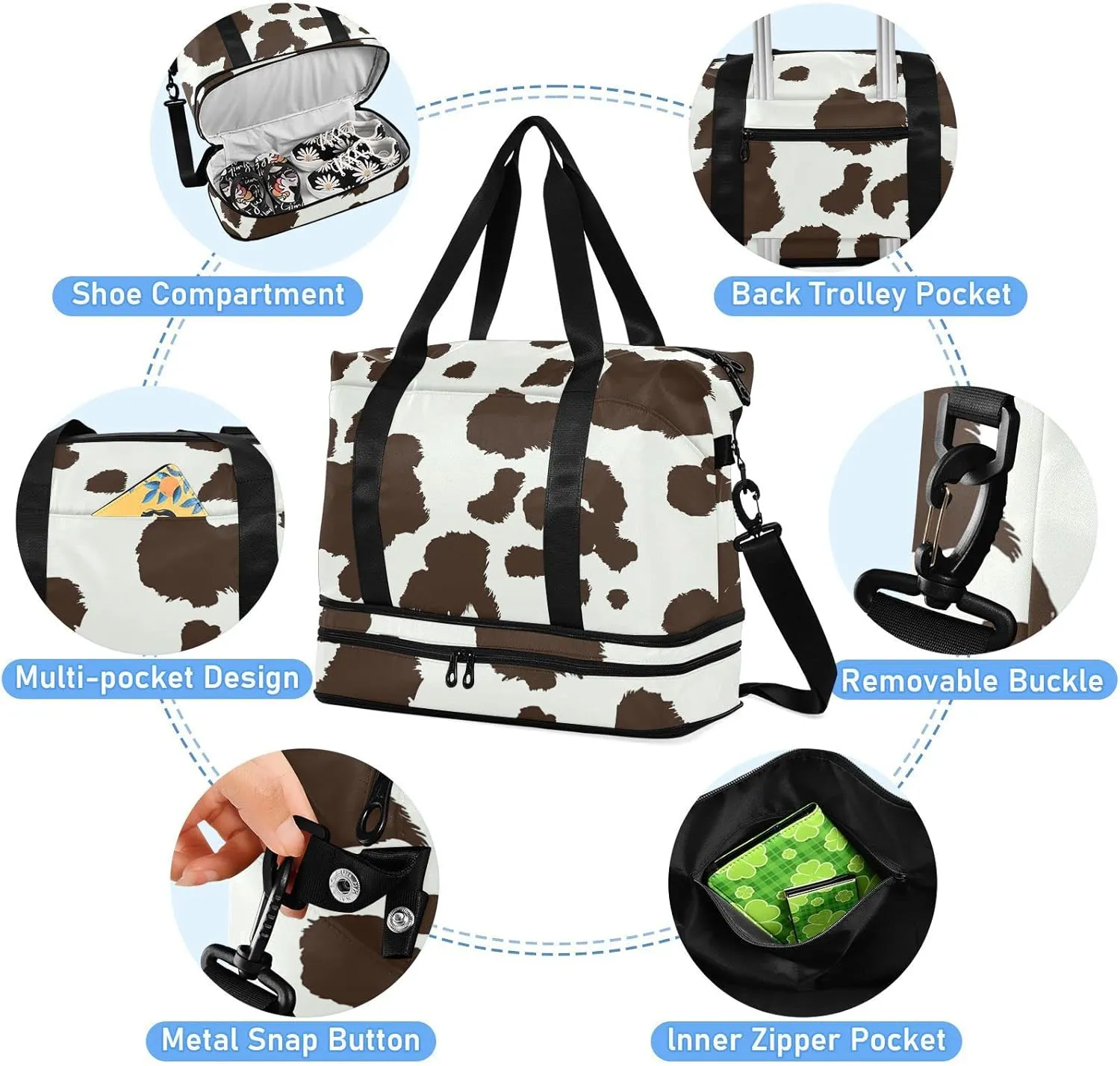 Cow Print Coffee White Color Dots Seamless Pattern Gym Duffel Bag, Polyester Travel Weekender Luggage Handbag with Waterproof Pocket for Wet Items, Unisex Foldable Tote for Sports