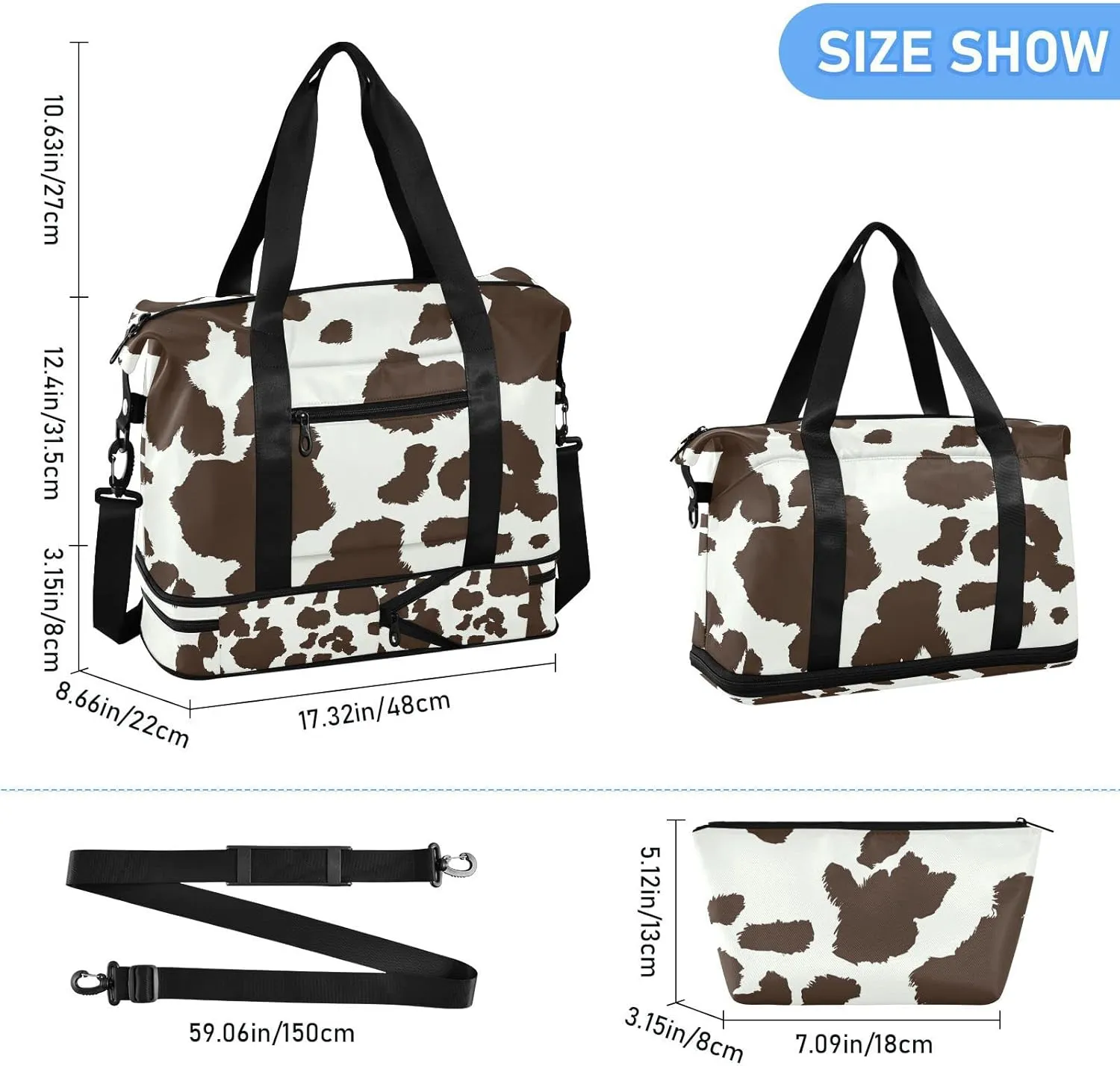 Cow Print Coffee White Color Dots Seamless Pattern Gym Duffel Bag, Polyester Travel Weekender Luggage Handbag with Waterproof Pocket for Wet Items, Unisex Foldable Tote for Sports