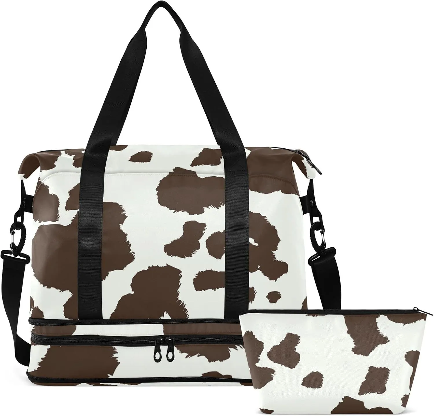 Cow Print Coffee White Color Dots Seamless Pattern Gym Duffel Bag, Polyester Travel Weekender Luggage Handbag with Waterproof Pocket for Wet Items, Unisex Foldable Tote for Sports