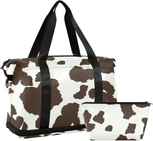 Cow Print Coffee White Color Dots Seamless Pattern Gym Duffel Bag, Polyester Travel Weekender Luggage Handbag with Waterproof Pocket for Wet Items, Unisex Foldable Tote for Sports