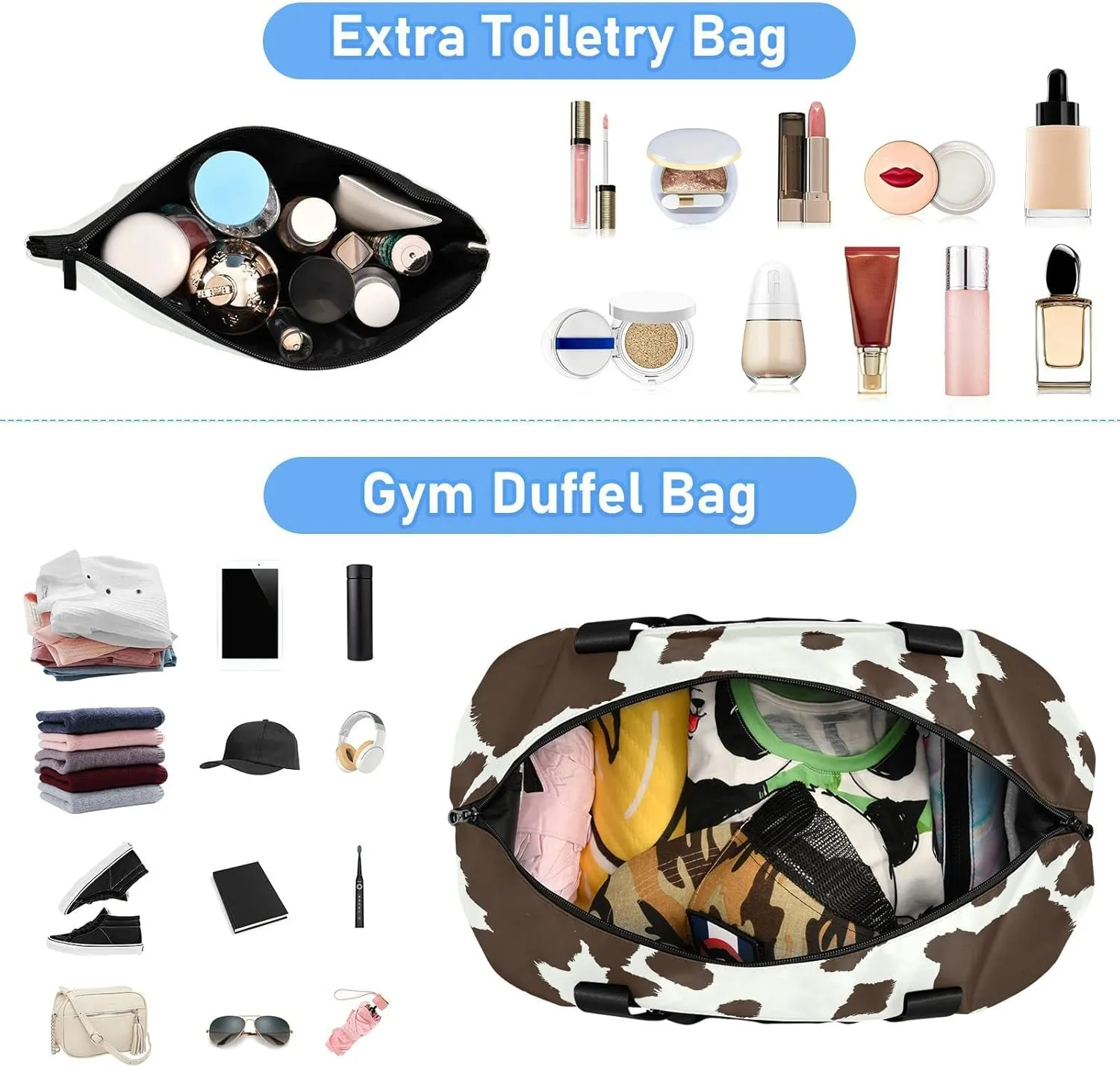 Cow Print Coffee White Color Dots Seamless Pattern Gym Duffel Bag, Polyester Travel Weekender Luggage Handbag with Waterproof Pocket for Wet Items, Unisex Foldable Tote for Sports