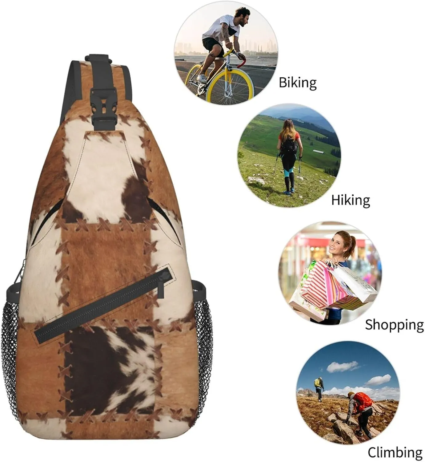Cow Print Sling Bag for Women Men Cow Fur Texture Crossbody Backpack Abstract Leather Texture Closeup of Cowhide Patchwork Sling Backpack Casual Shoulder Bag Gym Travel Hiking Daypack