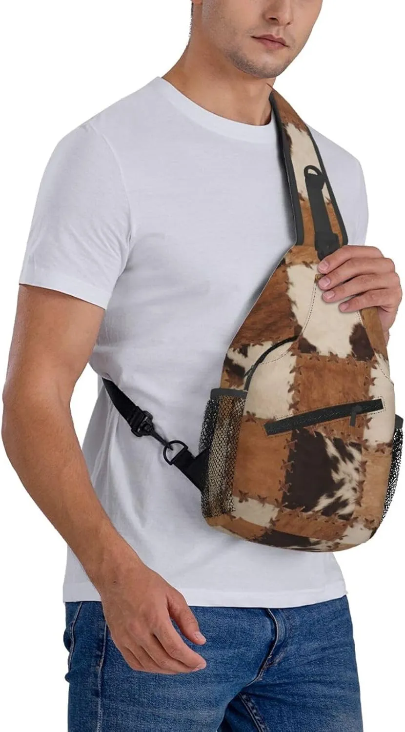 Cow Print Sling Bag for Women Men Cow Fur Texture Crossbody Backpack Abstract Leather Texture Closeup of Cowhide Patchwork Sling Backpack Casual Shoulder Bag Gym Travel Hiking Daypack