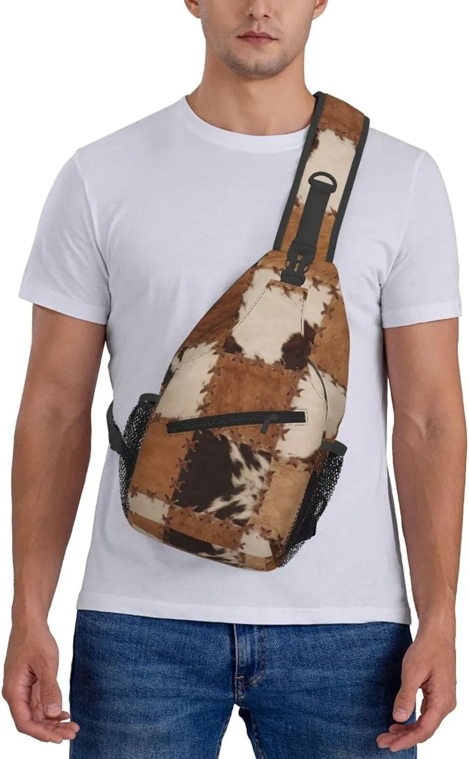 Cow Print Sling Bag for Women Men Cow Fur Texture Crossbody Backpack Abstract Leather Texture Closeup of Cowhide Patchwork Sling Backpack Casual Shoulder Bag Gym Travel Hiking Daypack