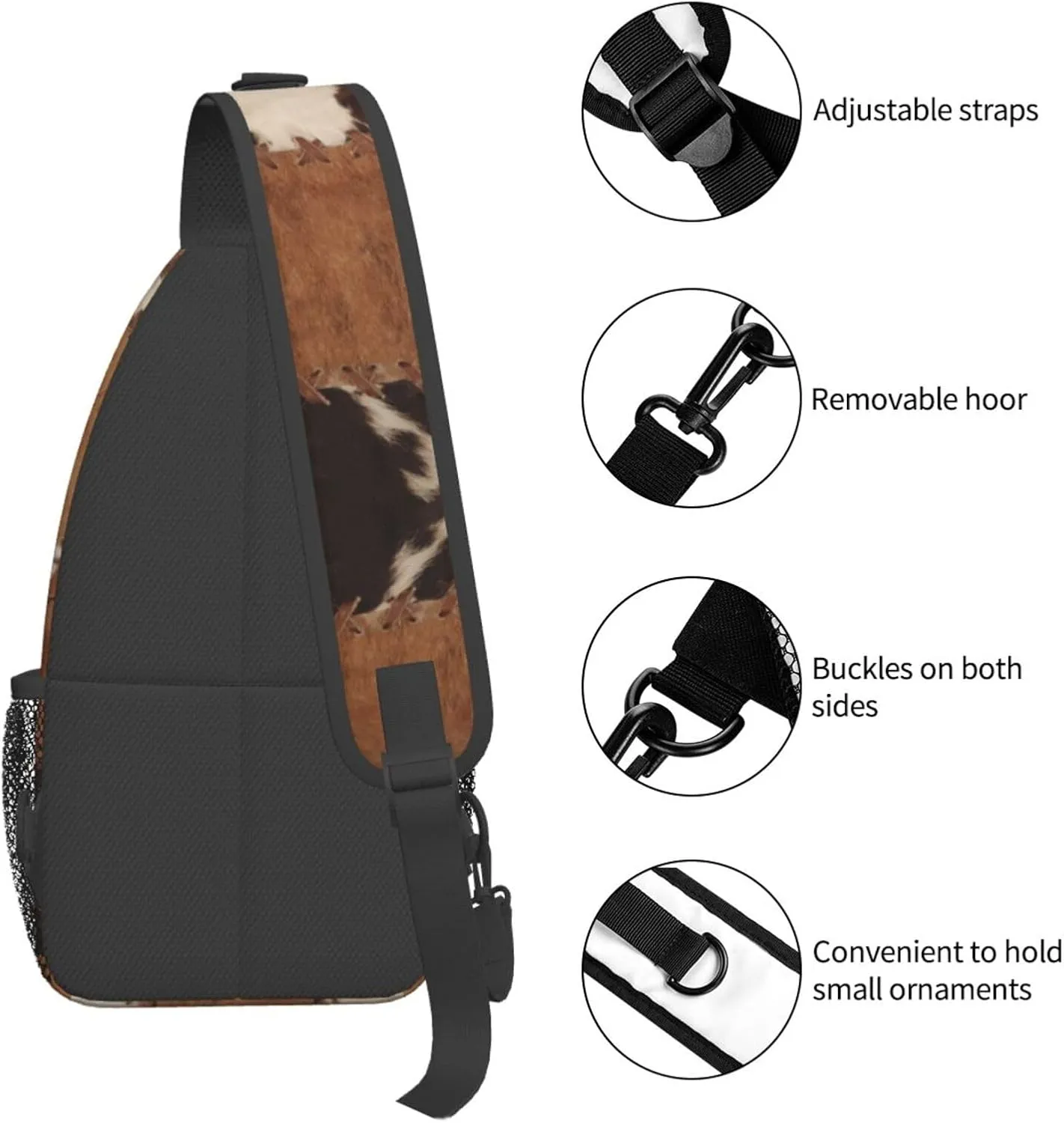 Cow Print Sling Bag for Women Men Cow Fur Texture Crossbody Backpack Abstract Leather Texture Closeup of Cowhide Patchwork Sling Backpack Casual Shoulder Bag Gym Travel Hiking Daypack