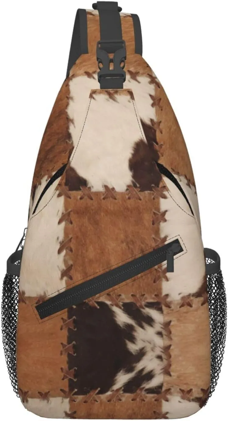 Cow Print Sling Bag for Women Men Cow Fur Texture Crossbody Backpack Abstract Leather Texture Closeup of Cowhide Patchwork Sling Backpack Casual Shoulder Bag Gym Travel Hiking Daypack
