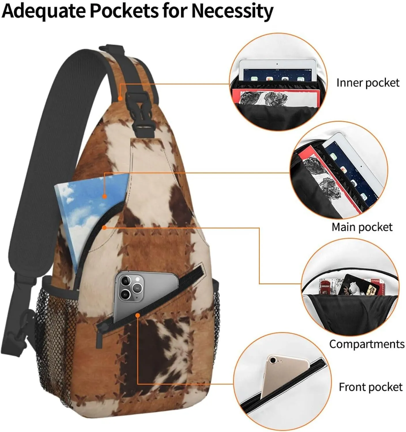 Cow Print Sling Bag for Women Men Cow Fur Texture Crossbody Backpack Abstract Leather Texture Closeup of Cowhide Patchwork Sling Backpack Casual Shoulder Bag Gym Travel Hiking Daypack