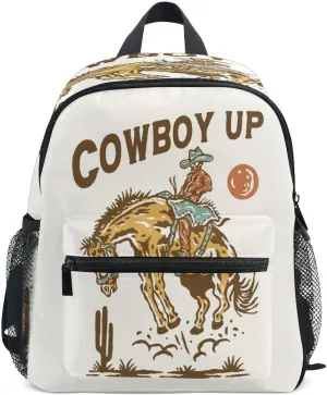 Cowboy Illustration Rodeo Vintage Wild Toddler Backpack for Kids Boy's Girl's Cute Children Kindergarten School Book Bag with Chest Strap Small