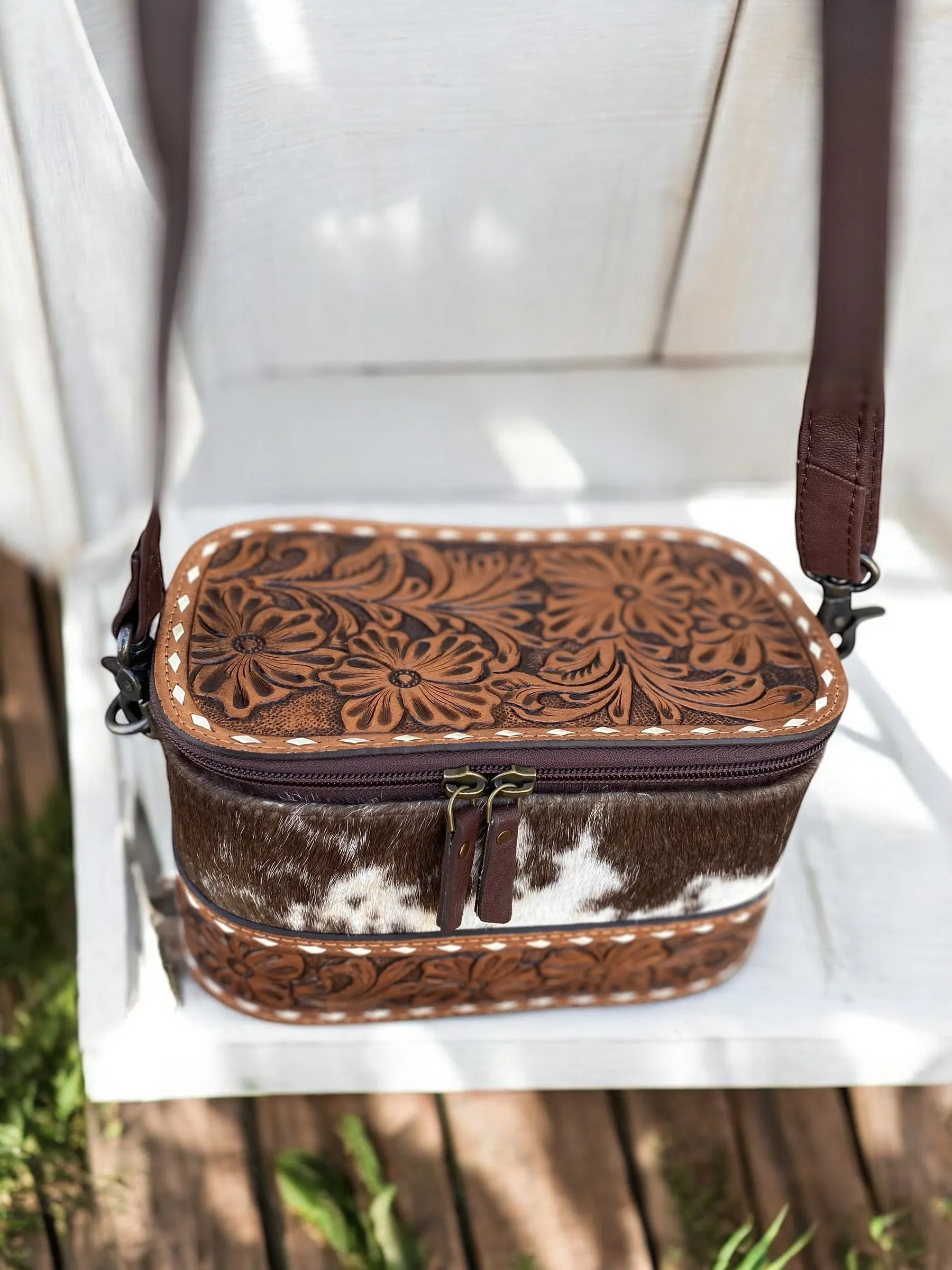 Cowhide & Brown Leather Make-Up Box Crossbody