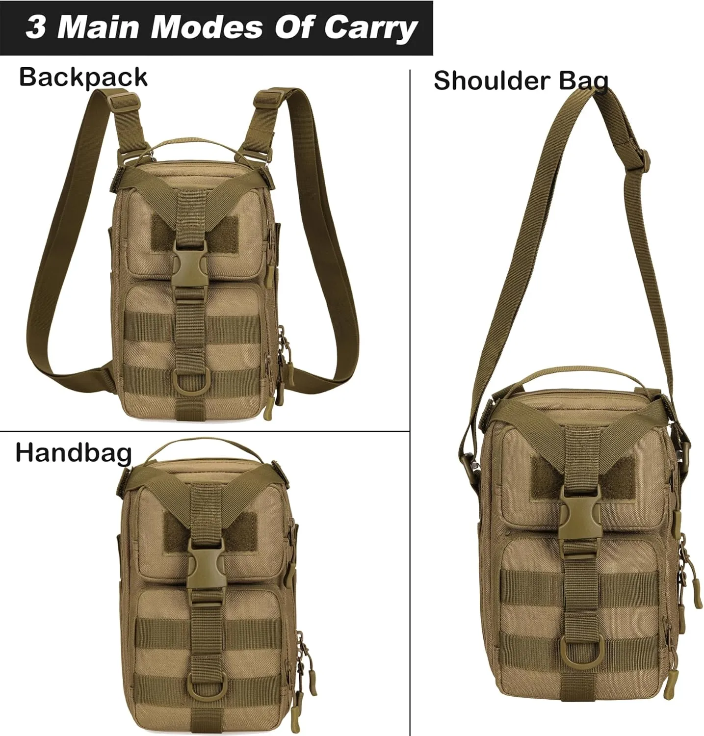 CREATOR 3 in 1 Small Military Tactical Backpack Army Assault Rucksack Crossbody Shoulder Bag for Men (Black)