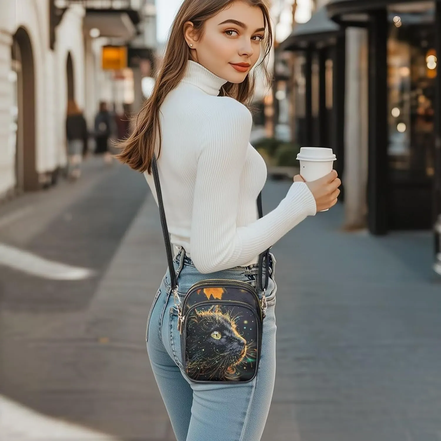 Crossbody Bag for Women Folk Skulls Travel PU Leather Shoulder Bag, Cats Dogs Pattern Small Cell Phone Purse Pouch
