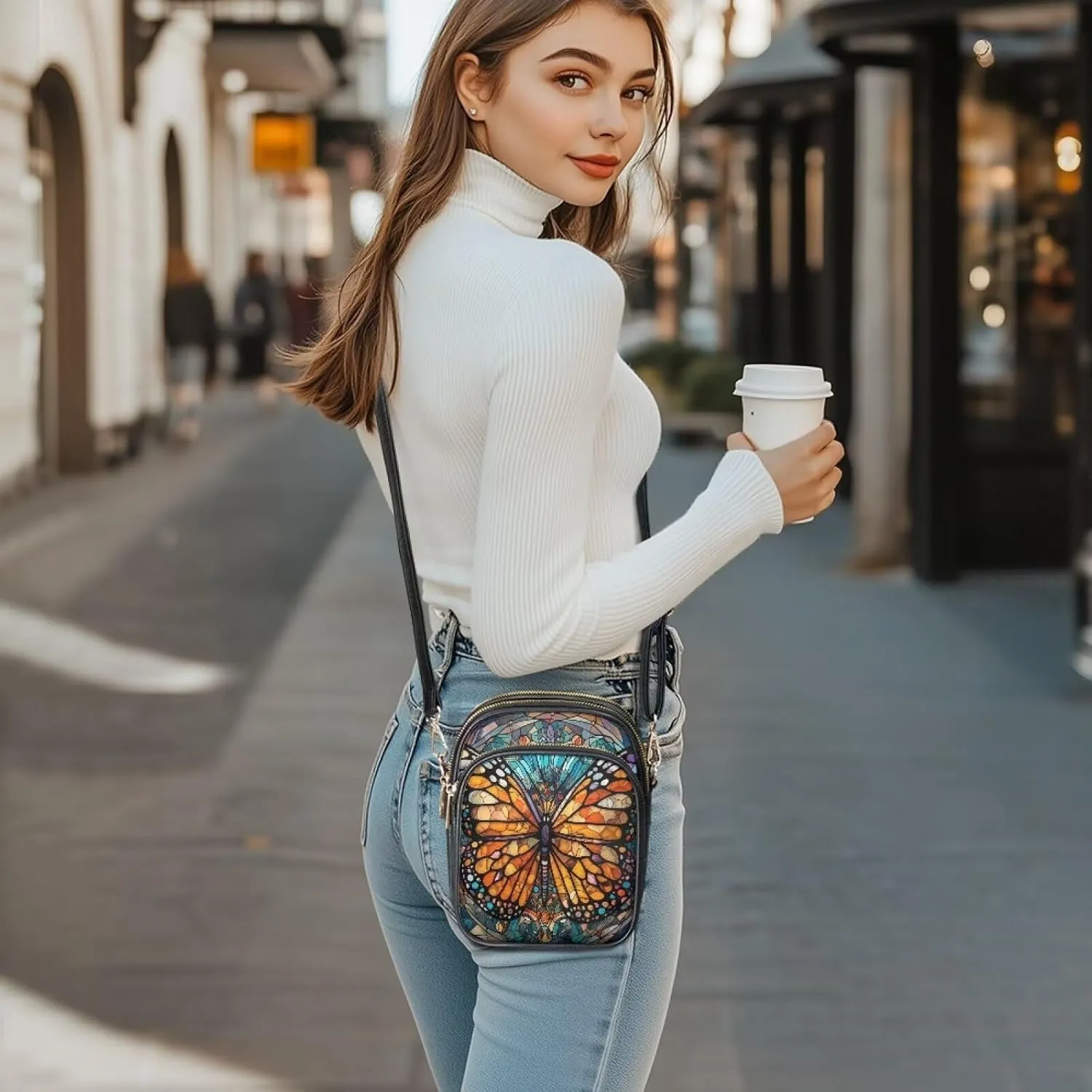Crossbody Bag for Women Folk Skulls Travel PU Leather Shoulder Bag, Cats Dogs Pattern Small Cell Phone Purse Pouch