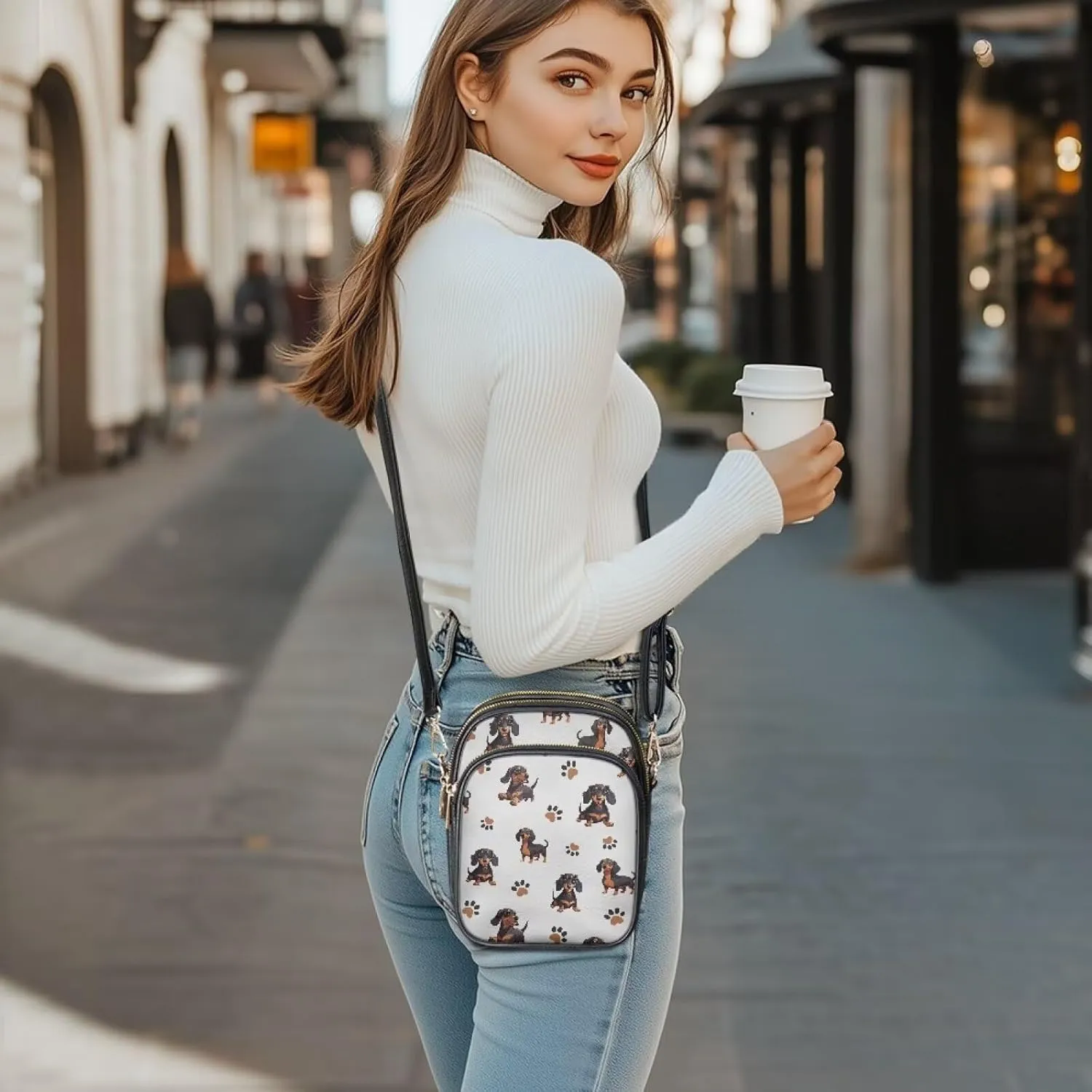 Crossbody Bag for Women Folk Skulls Travel PU Leather Shoulder Bag, Cats Dogs Pattern Small Cell Phone Purse Pouch