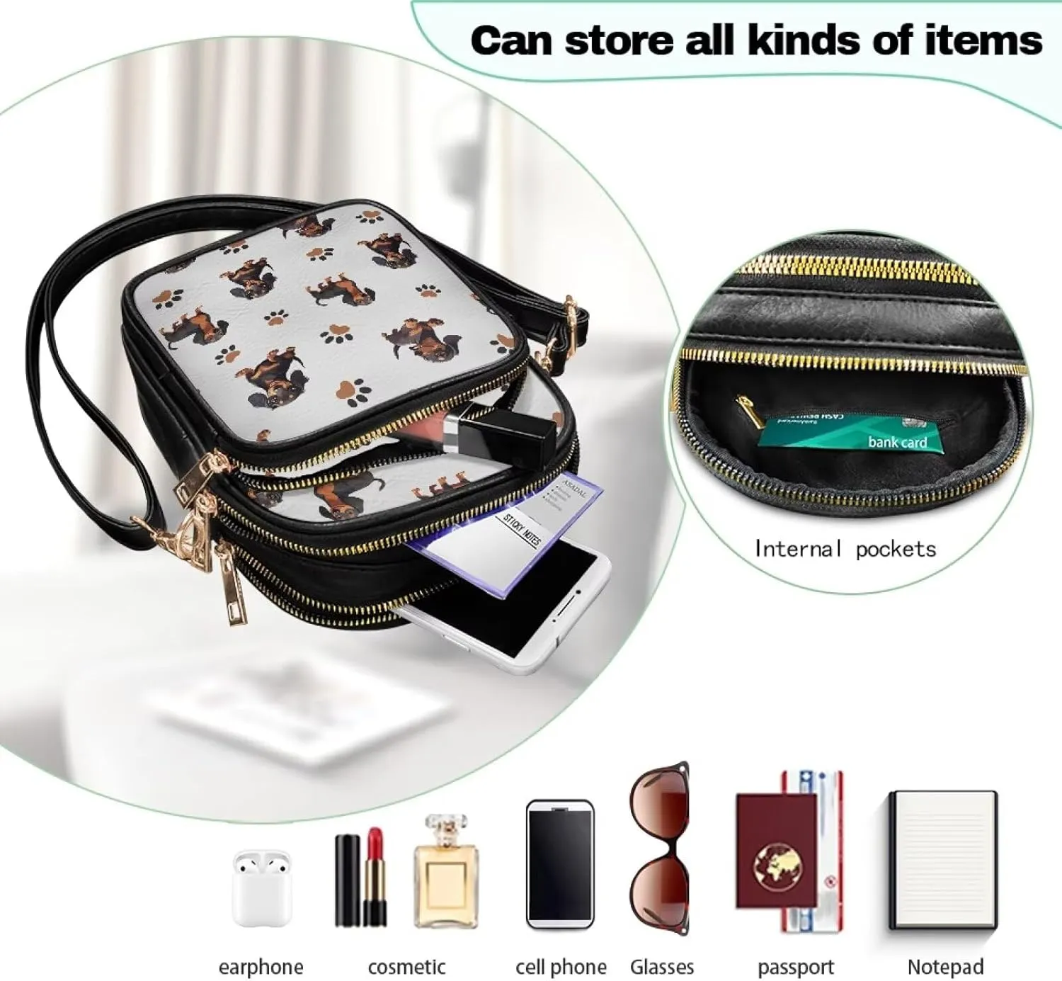 Crossbody Bag for Women Folk Skulls Travel PU Leather Shoulder Bag, Cats Dogs Pattern Small Cell Phone Purse Pouch
