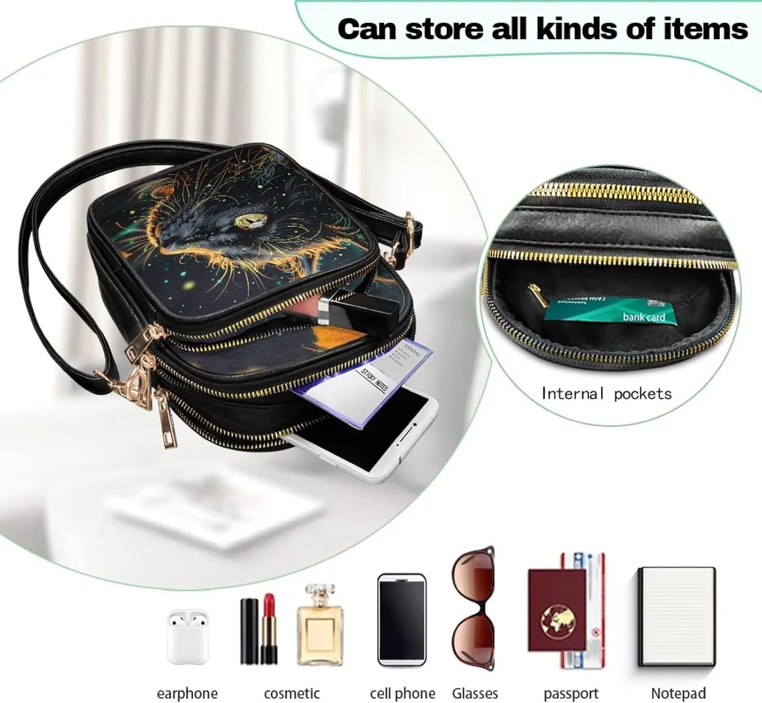 Crossbody Bag for Women Folk Skulls Travel PU Leather Shoulder Bag, Cats Dogs Pattern Small Cell Phone Purse Pouch