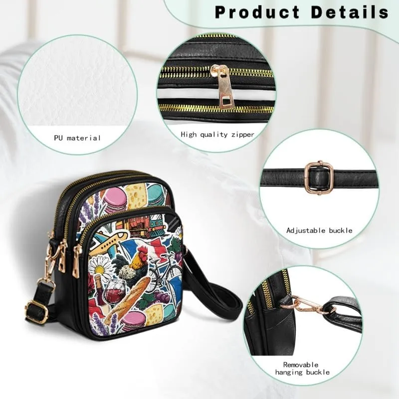 Crossbody Bag for Women Folk Skulls Travel PU Leather Shoulder Bag, Cats Dogs Pattern Small Cell Phone Purse Pouch