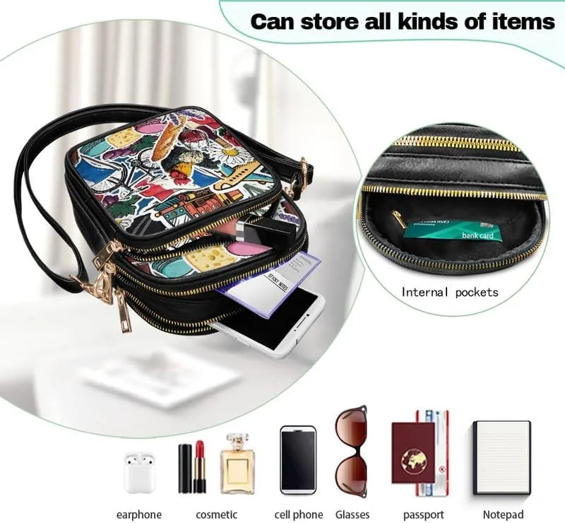 Crossbody Bag for Women Folk Skulls Travel PU Leather Shoulder Bag, Cats Dogs Pattern Small Cell Phone Purse Pouch
