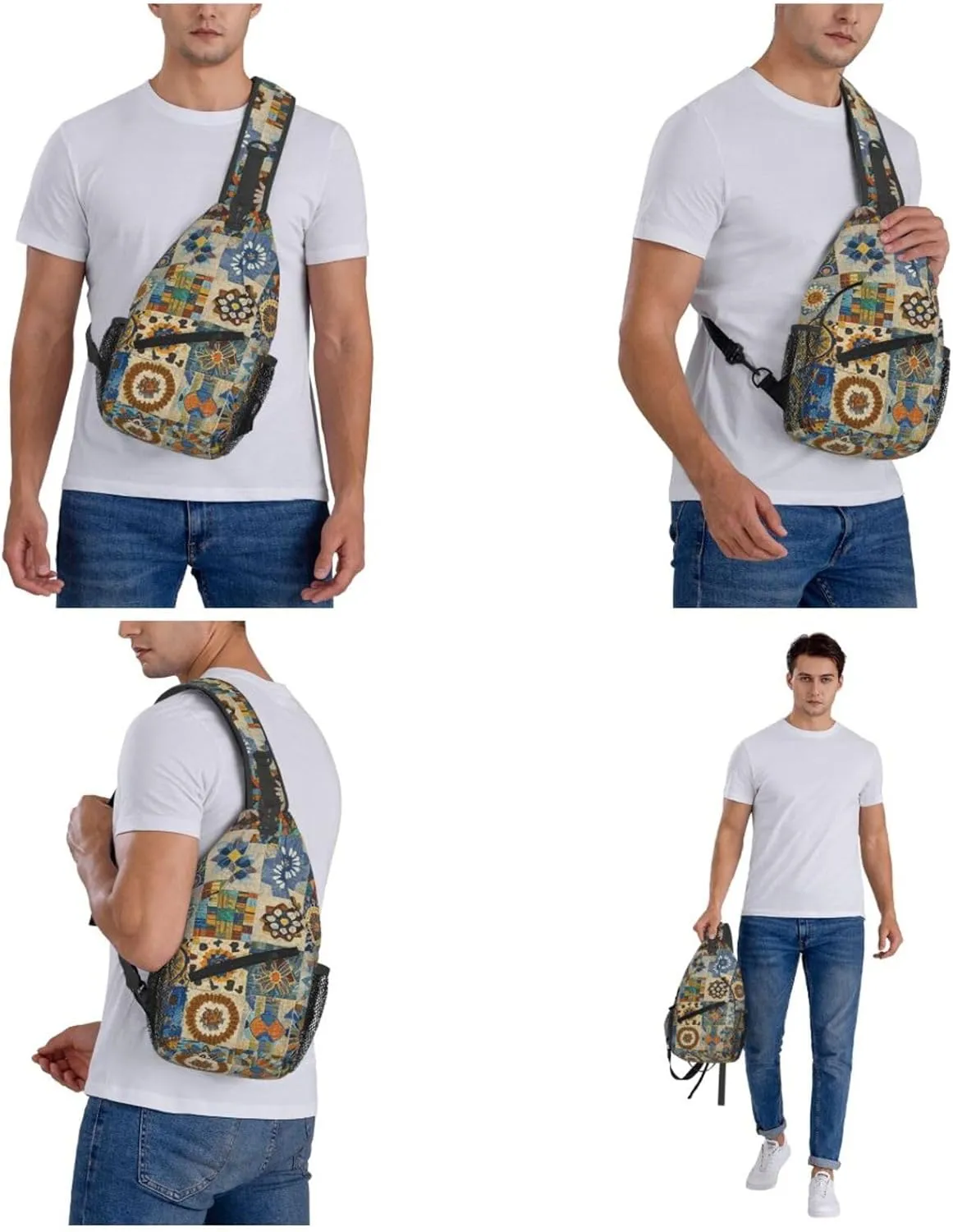 Crossbody Bag for Women Men African Textile Patchwork Chest Bag Crossbody Sling Bag Adjustable Shoulder Bag