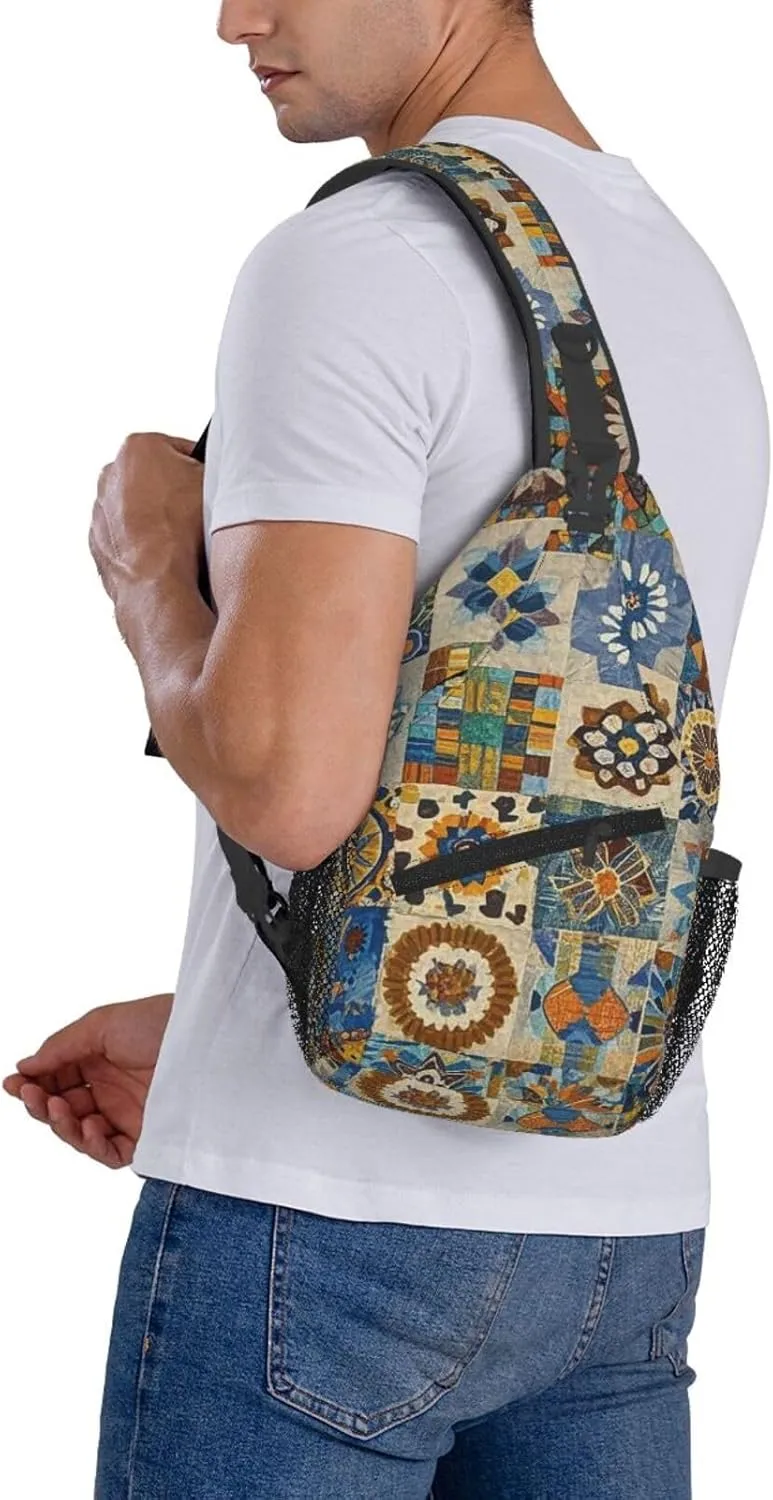 Crossbody Bag for Women Men African Textile Patchwork Chest Bag Crossbody Sling Bag Adjustable Shoulder Bag