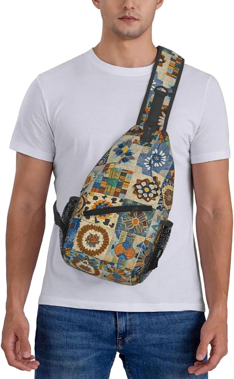 Crossbody Bag for Women Men African Textile Patchwork Chest Bag Crossbody Sling Bag Adjustable Shoulder Bag