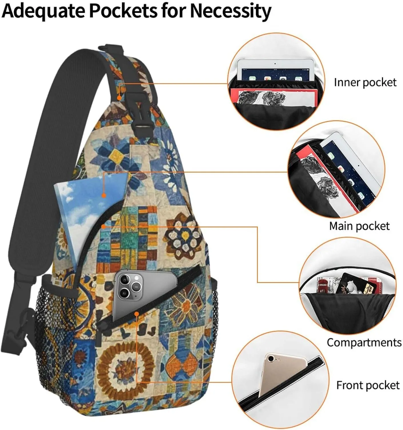 Crossbody Bag for Women Men African Textile Patchwork Chest Bag Crossbody Sling Bag Adjustable Shoulder Bag