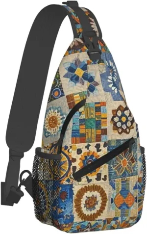 Crossbody Bag for Women Men African Textile Patchwork Chest Bag Crossbody Sling Bag Adjustable Shoulder Bag