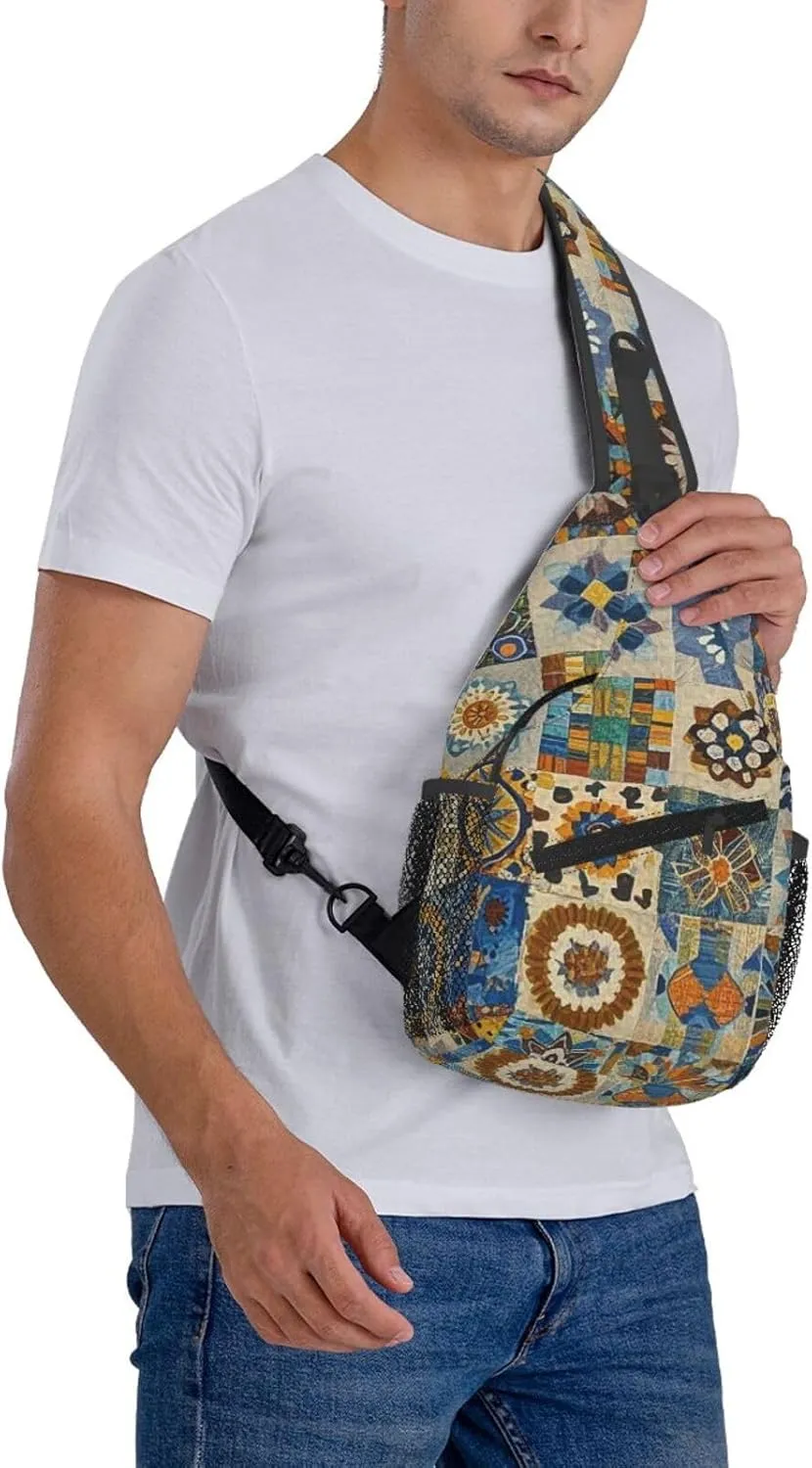 Crossbody Bag for Women Men African Textile Patchwork Chest Bag Crossbody Sling Bag Adjustable Shoulder Bag