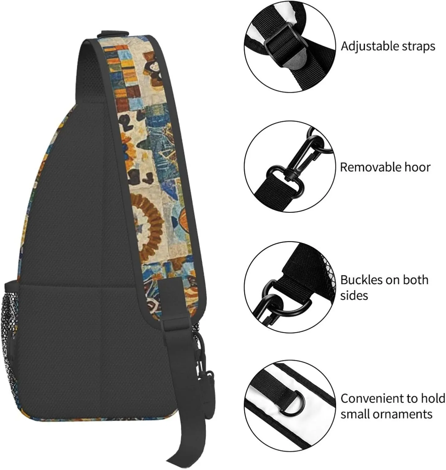 Crossbody Bag for Women Men African Textile Patchwork Chest Bag Crossbody Sling Bag Adjustable Shoulder Bag