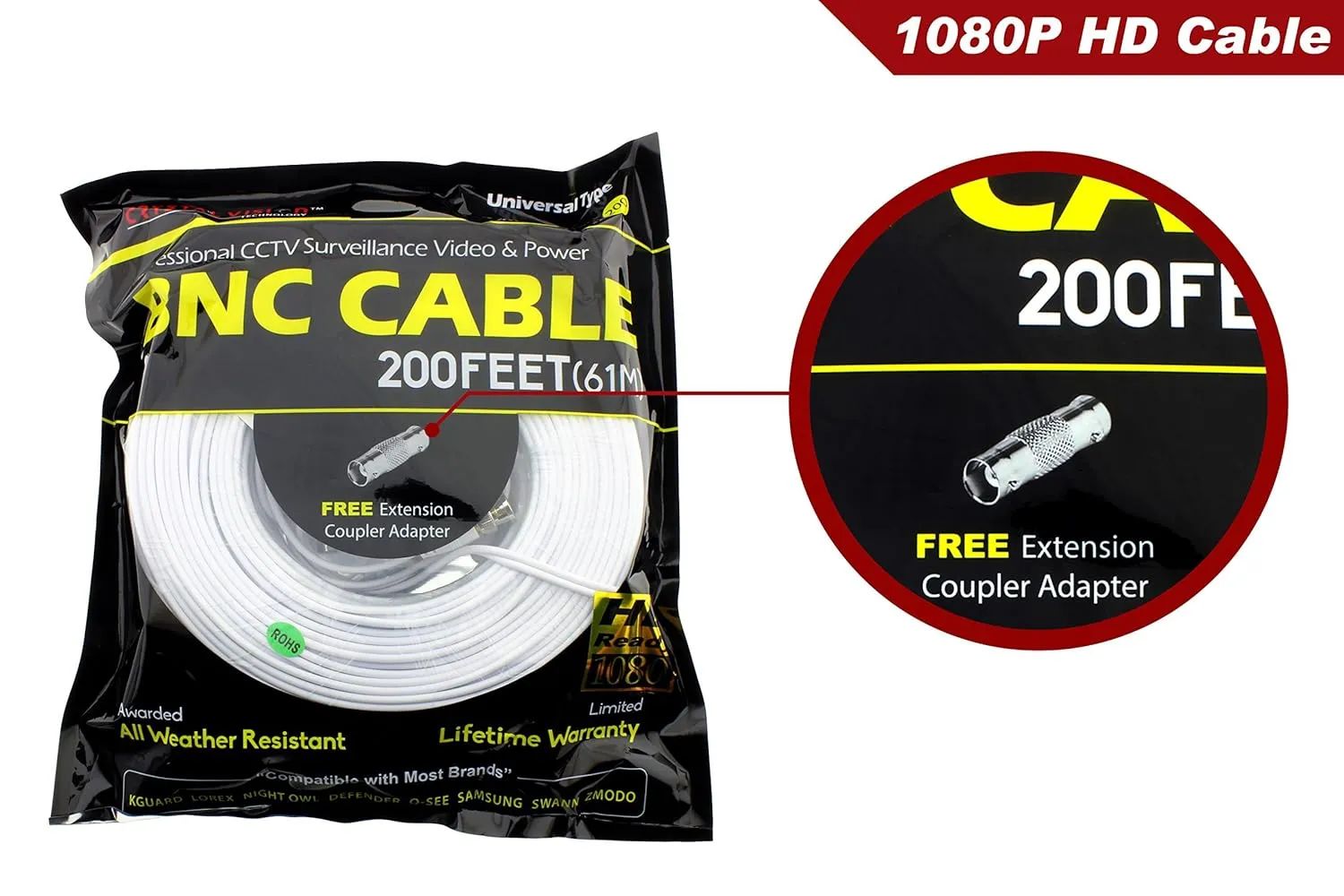 Crystal Vision Premium 1080P HD BNC CCTV Surveillance Security Camera Combo Cable Premade Siamese W/Coupler for Samsung, Lorex, Swann, Q-See, Defender, Amcrest, Zosi, Kguard, etc, 200'