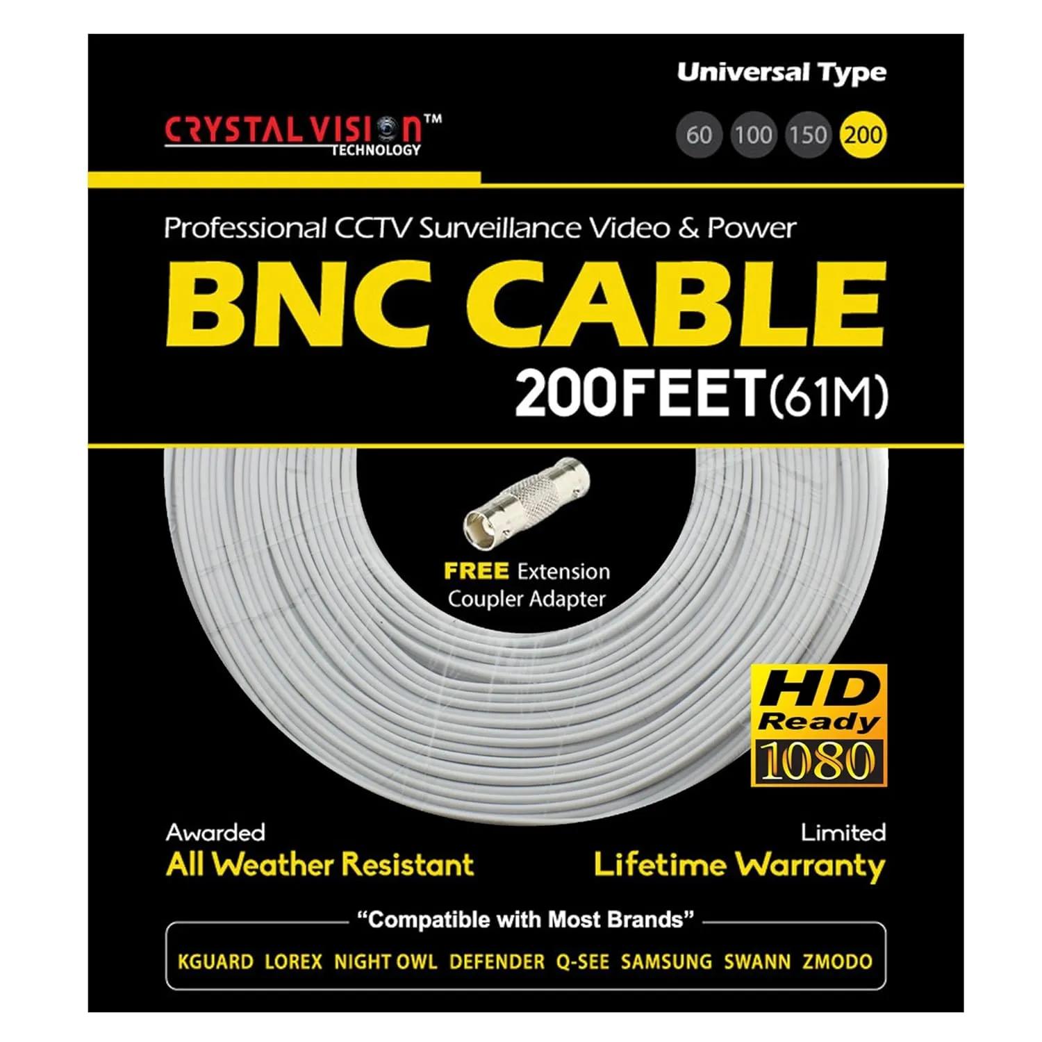 Crystal Vision Premium 1080P HD BNC CCTV Surveillance Security Camera Combo Cable Premade Siamese W/Coupler for Samsung, Lorex, Swann, Q-See, Defender, Amcrest, Zosi, Kguard, etc, 200'