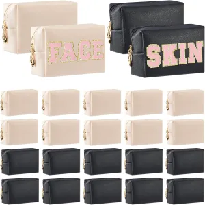 Cunno 24 Pcs Makeup Bag Bulk PU Leather Cosmetic Bag Makeup Pouch Plain Cosmetic Pouch Waterproof Toiletry Bags for Traveling Travel Purse Cosmetic Organizer (Ivory White, Black)