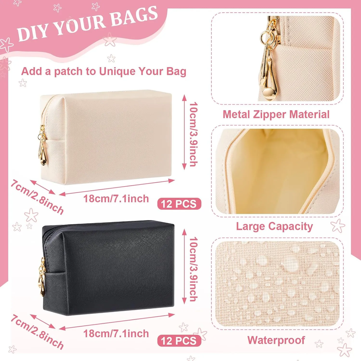 Cunno 24 Pcs Makeup Bag Bulk PU Leather Cosmetic Bag Makeup Pouch Plain Cosmetic Pouch Waterproof Toiletry Bags for Traveling Travel Purse Cosmetic Organizer (Ivory White, Black)