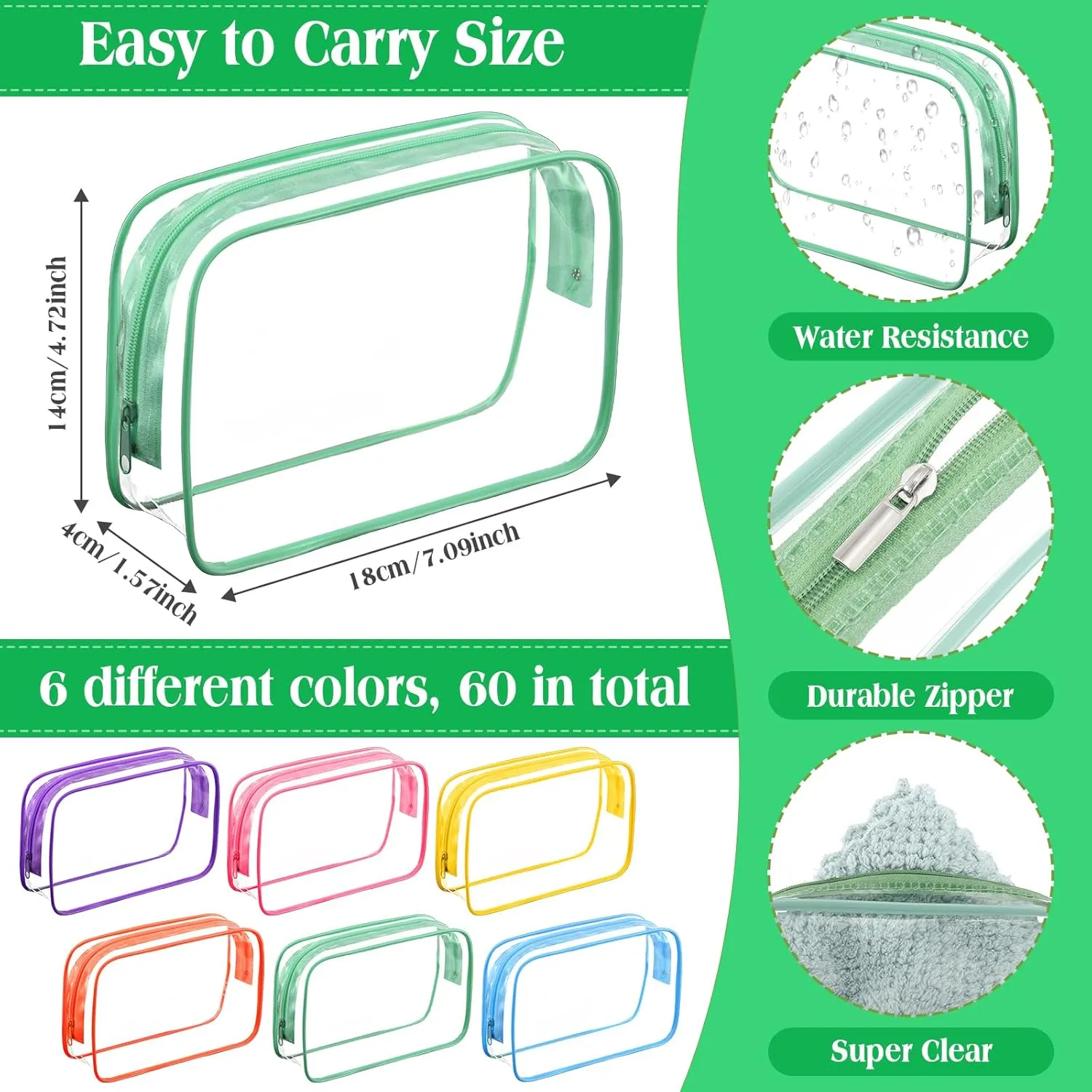Cunno 60 Pcs Clear Toiletry Bag TSA Approved Cosmetic Bag Bulk Makeup Bag Travel Carry Airport Airline Compliant Bag for Women Men Summer Vacation Salon Mother Gift(Bright Color)