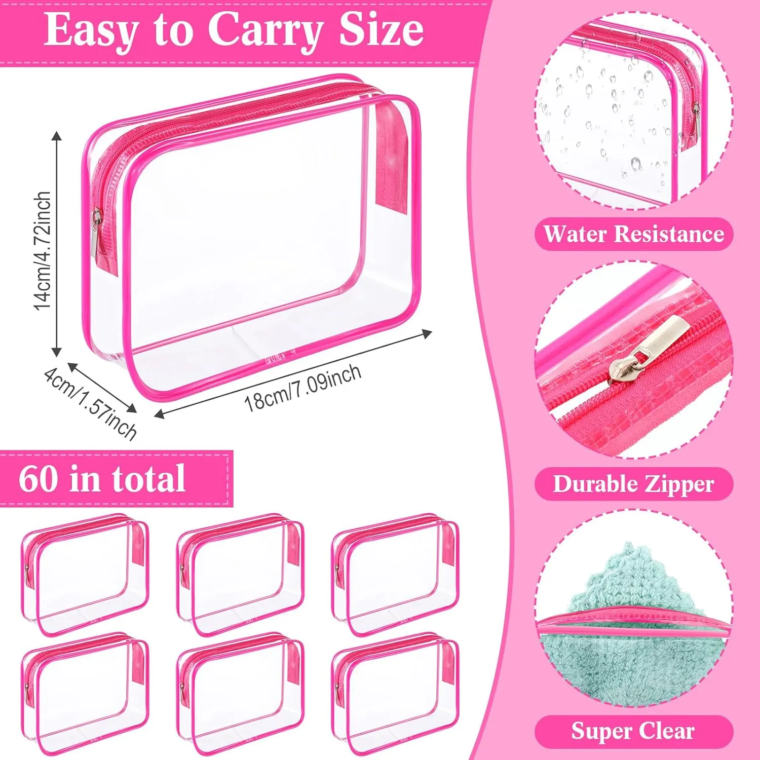 Cunno 60 Pcs Clear Toiletry Bag TSA Approved Cosmetic Bag Bulk Makeup Bag Travel Carry Airport Airline Compliant Bag for Women Men Summer Vacation Salon Mother Gift(Rose Pink)
