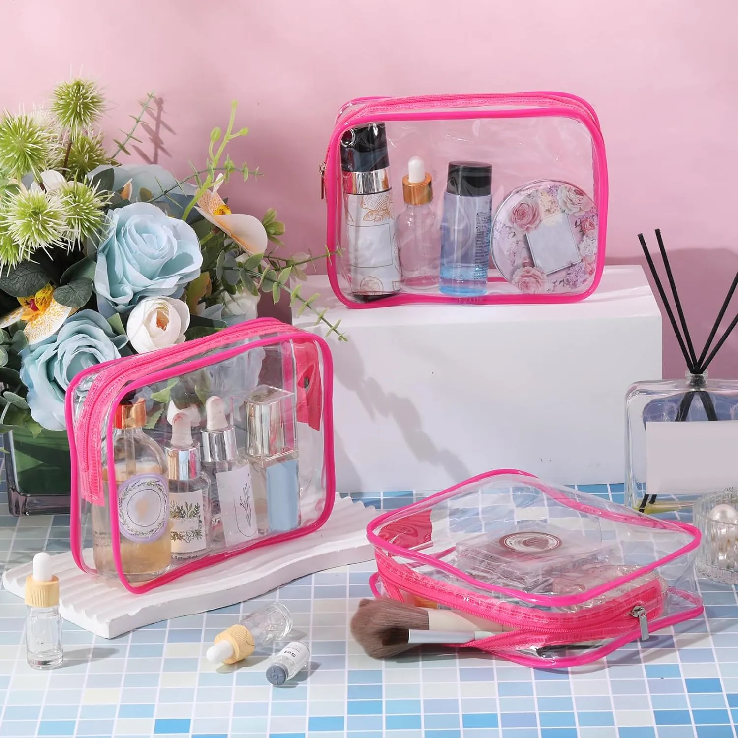 Cunno 60 Pcs Clear Toiletry Bag TSA Approved Cosmetic Bag Bulk Makeup Bag Travel Carry Airport Airline Compliant Bag for Women Men Summer Vacation Salon Mother Gift(Rose Pink)